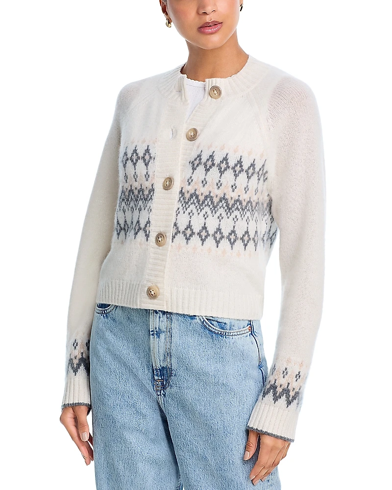 Aqua 100% Cashmere Fair isle Brush Crewneck Cardigan - Exclusive