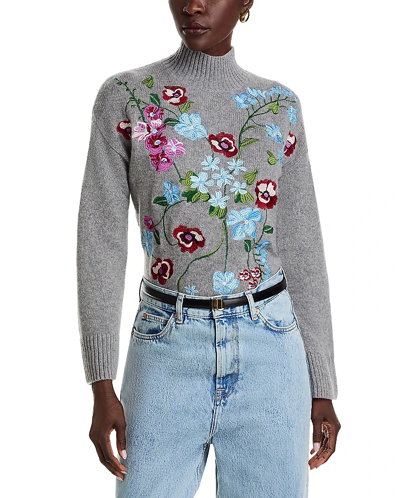 C by Bloomingdale's Cashmere Garden Floral Mock Neck Sweater - Exclusive