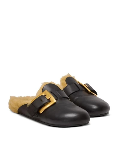 Women's Flat Leather and Faux Fur Mules