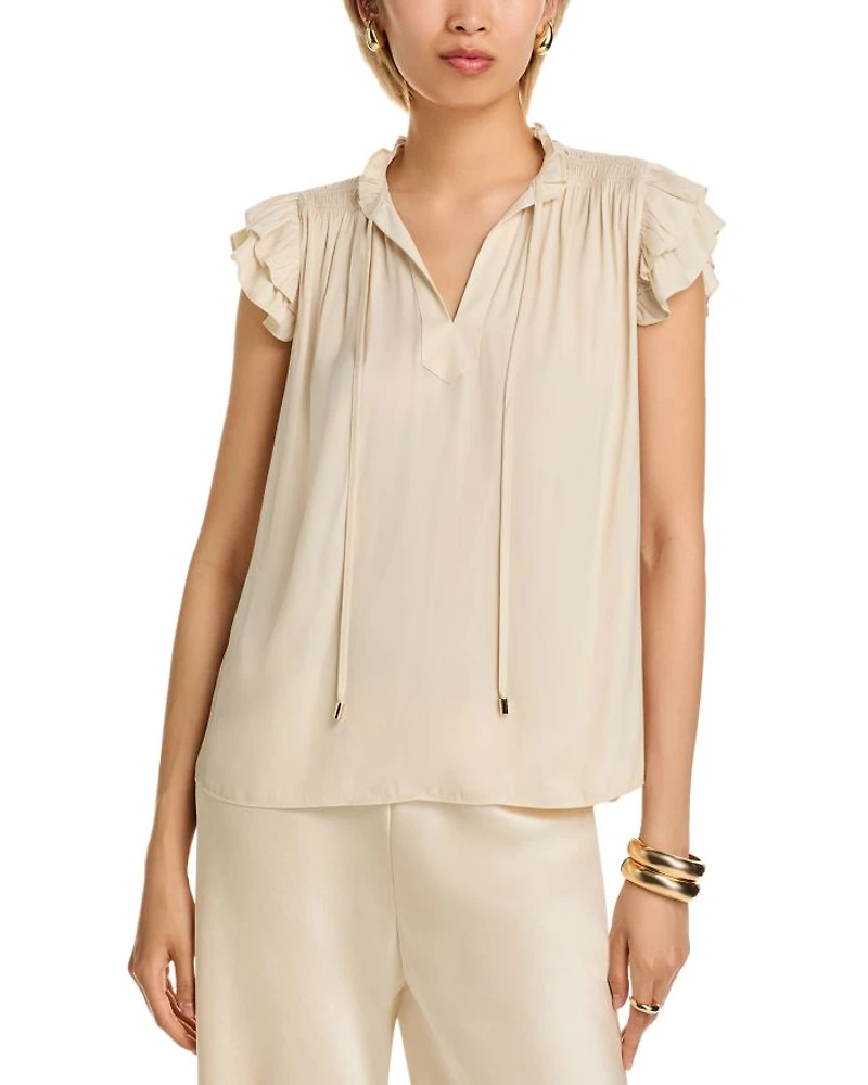 Flutter Sleeve Split Neck Airflow Blouse