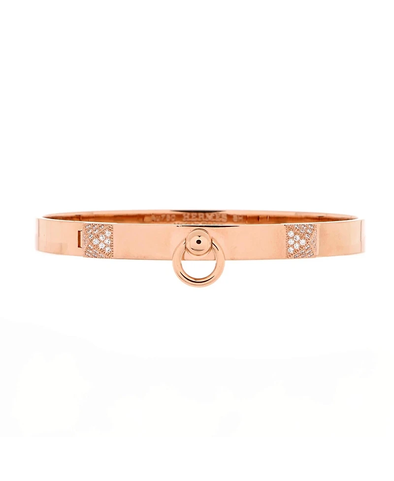 Pre-Owned HERMES Pm Collier de Chien Bracelet 18K Rose Gold with Pave Diamond Studs
