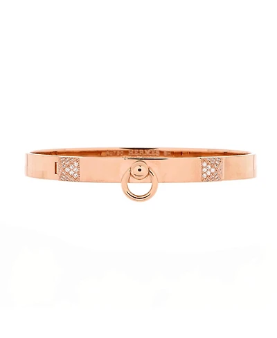 Pre-Owned HERMES Pm Collier de Chien Bracelet 18K Rose Gold with Pave Diamond Studs