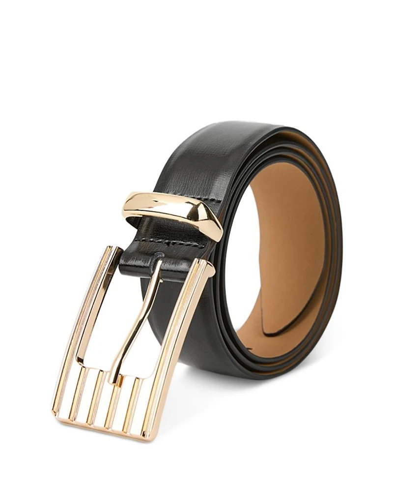 Women's Engraved Rectangle Buckle Black Leather Belt
