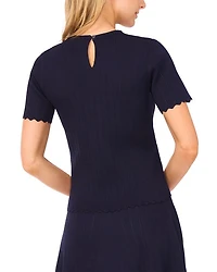 Short Sleeve Crewneck Keyhole Back Top with Pointelle and Rib