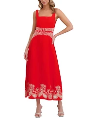 Square Neck Embroidery Detail Midi Dress