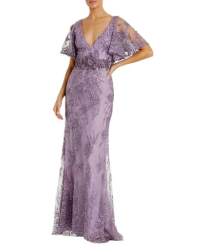 Mac Duggal Vintage Flutter Sleeve Evening Gown