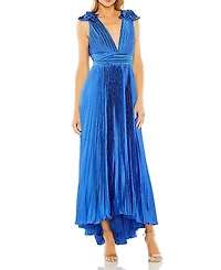 Mac Duggal Pleated Jersey Gown with Deep Plunge Neckline & Ruffled Strap Detail