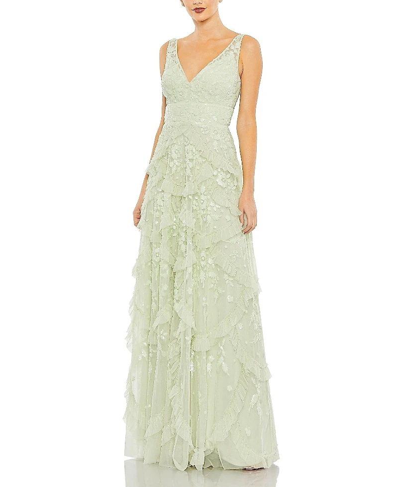 Mac Duggal Sequined Scallop Ruffle Tiered V Neck Gown