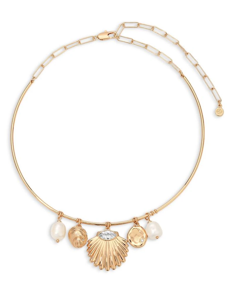 Endless Shores Cubic Zirconia & Cultured Freshwater Pearl Shell Charm Statement Necklace, 15.7"