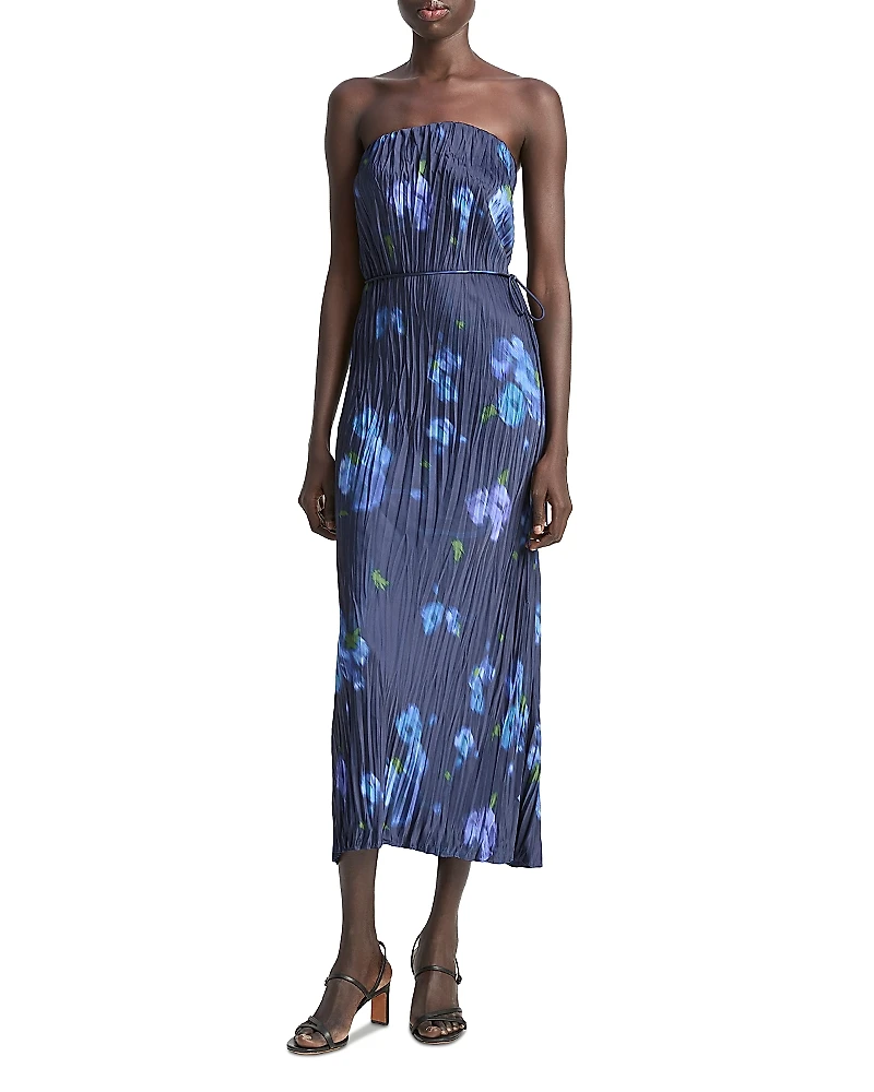 Vince Strapless Floral Print Midi Dress