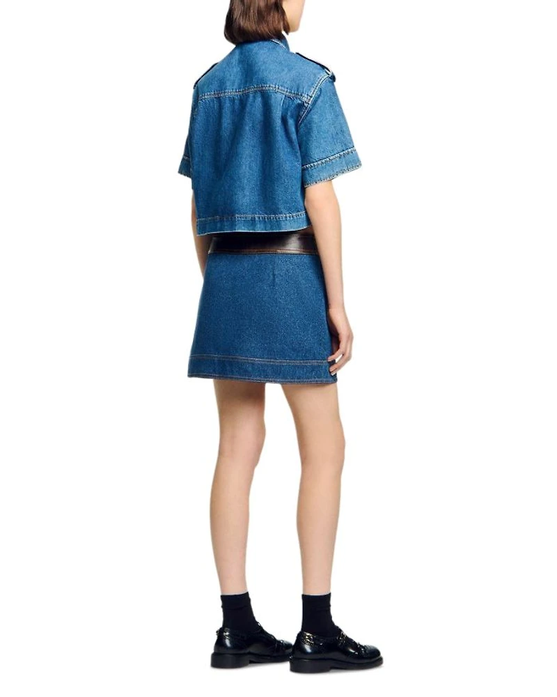 Leather Trim Mini Denim Skirt