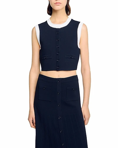 Sandro Two Tone Cropped Sleeveless Cardigan