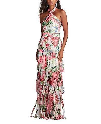 Tadashi Shoji Somaya Floral Print Fringe Gown