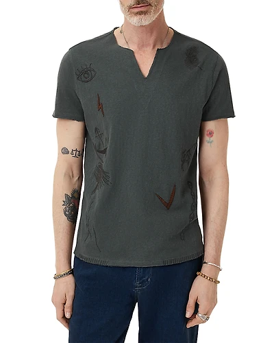 John Varvatos Regular Fit Embroidered Raw Edge V Neck Tee