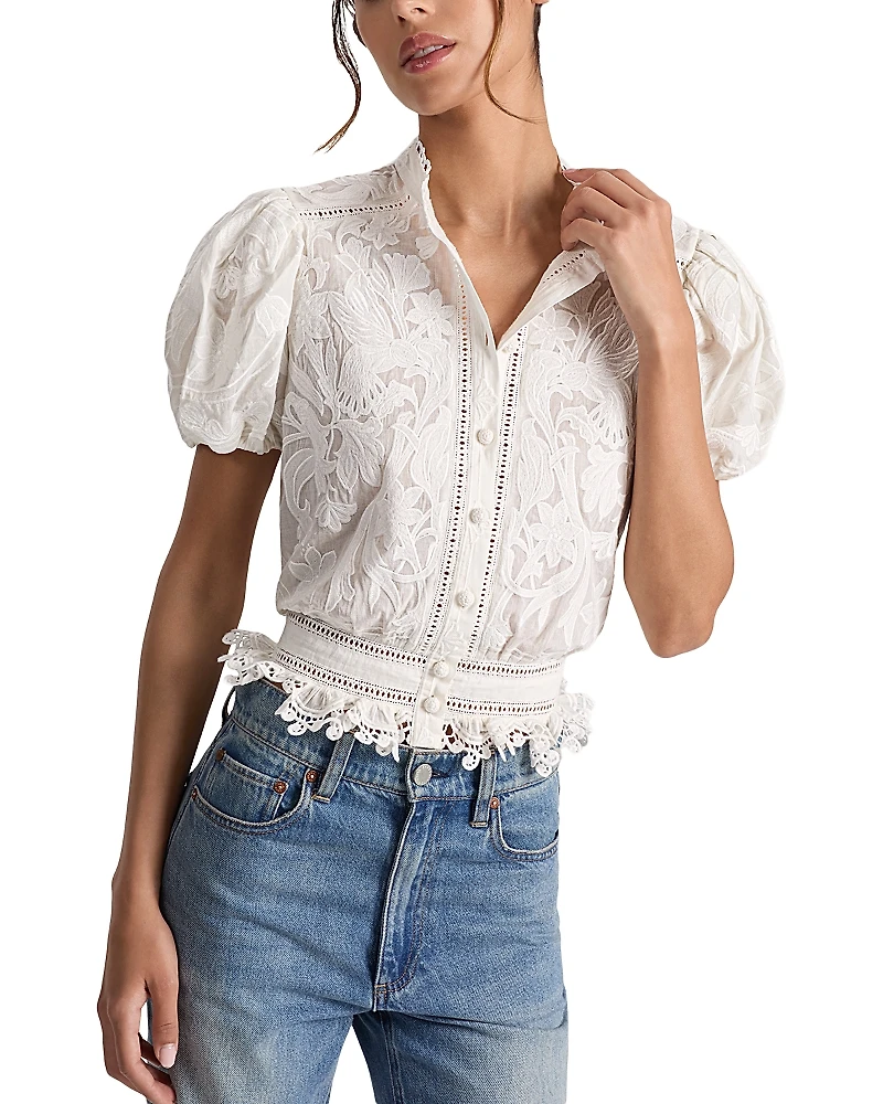Alice and Olivia Loryn Embroidered Eyelet Puff Sleeve Top