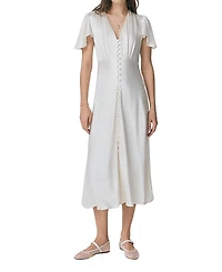 Ghost London Grace Satin Button V-Neck Dress