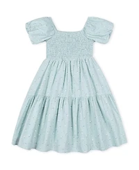 Hope & Henry Girls' Linen Smocked Short Bubble Sleeve Dress - Little Kid, Big Kid