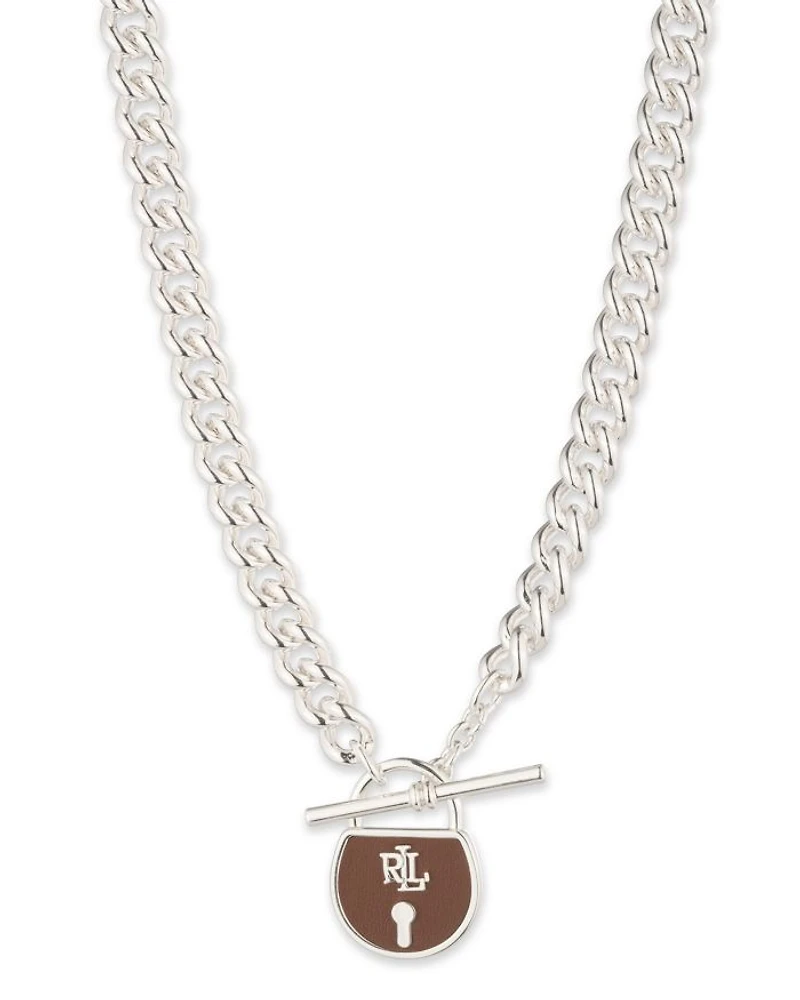 Logo Leather Padlock Pendant Necklace, 16"