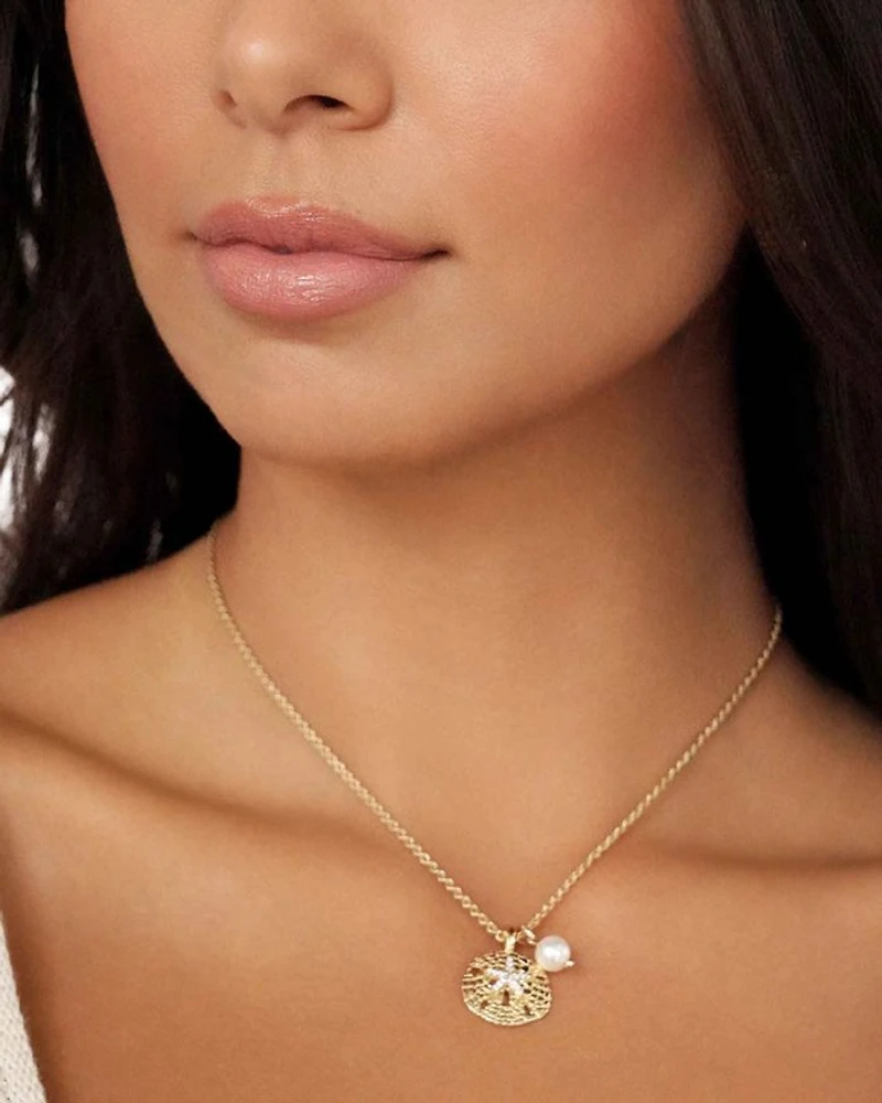 Pavé Sand Dollar & Cultured Freshwater Pearl Pendant Necklace, 15"-18"