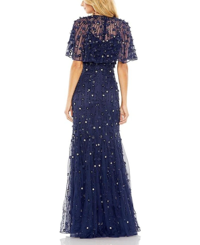 Embellished Illusion Cape Sleeve Trumpet Gown