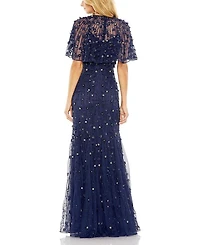 Embellished Illusion Cape Sleeve Trumpet Gown