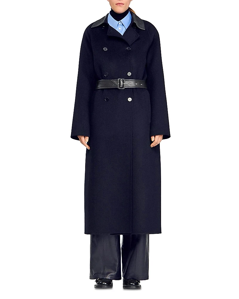 Sandro Long Wool and Leather Coat