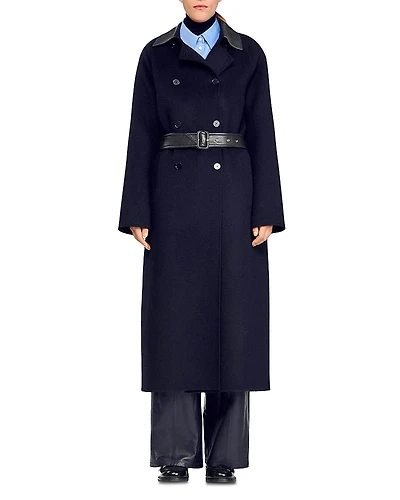 Sandro Long Wool and Leather Coat