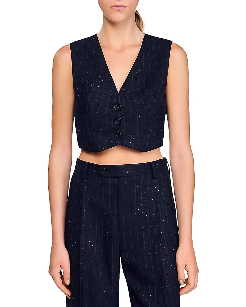 Sandro Striped Rhinestone Sleeveless Jacket