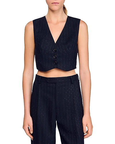 Sandro Striped Rhinestone Sleeveless Jacket