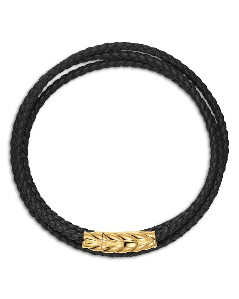 Chevron Triple Wrap Bracelet Black Leather with 18K Yellow Gold, 3mm