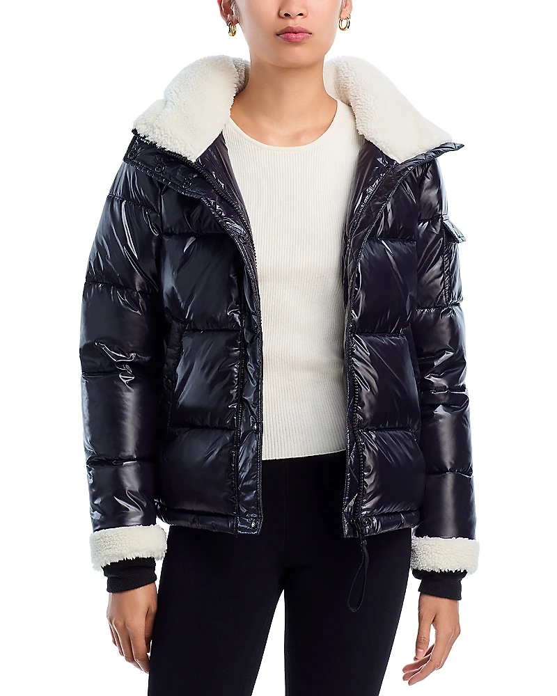 Aqua Gloss Puffer Jacket with Sherpa Trim - Exclusive