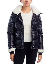 Aqua Gloss Puffer Jacket with Sherpa Trim - Exclusive