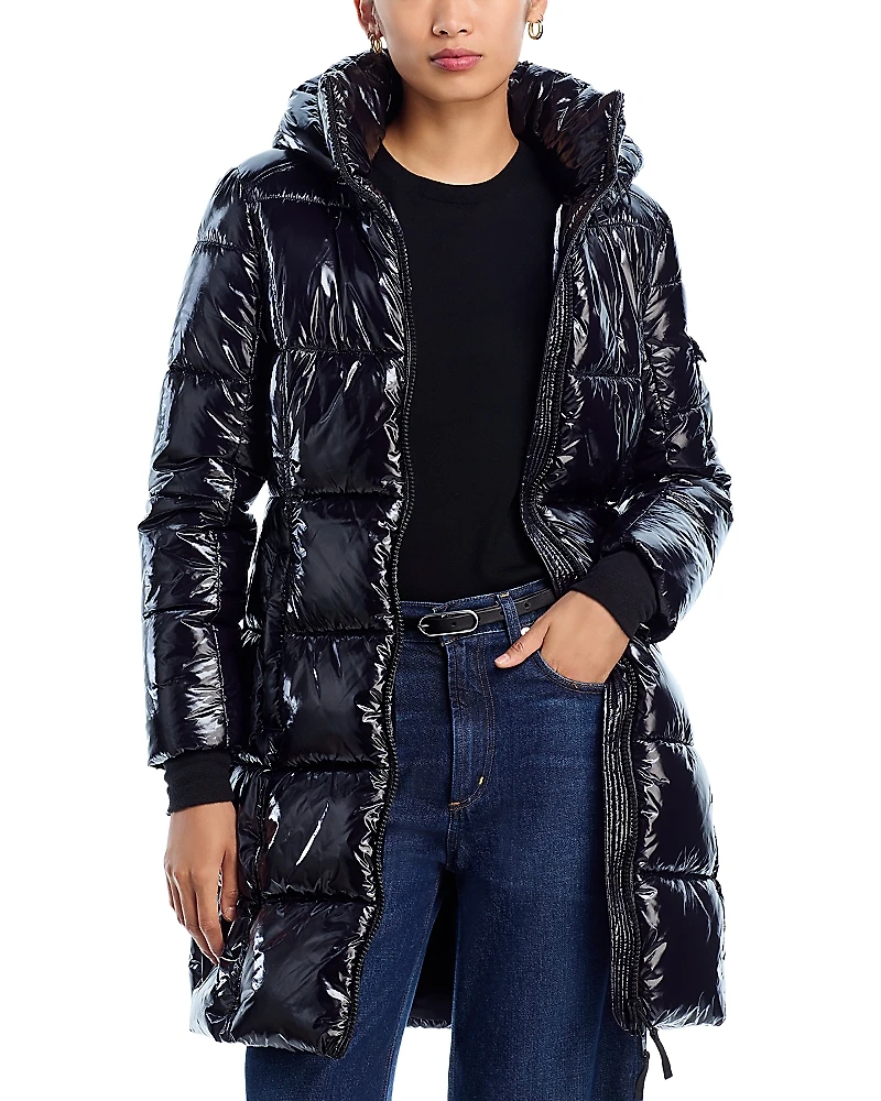 Aqua High Shine Long Puffer Coat with Hood - Exclusive