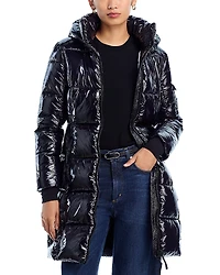 Aqua High Shine Long Puffer Coat with Hood - Exclusive
