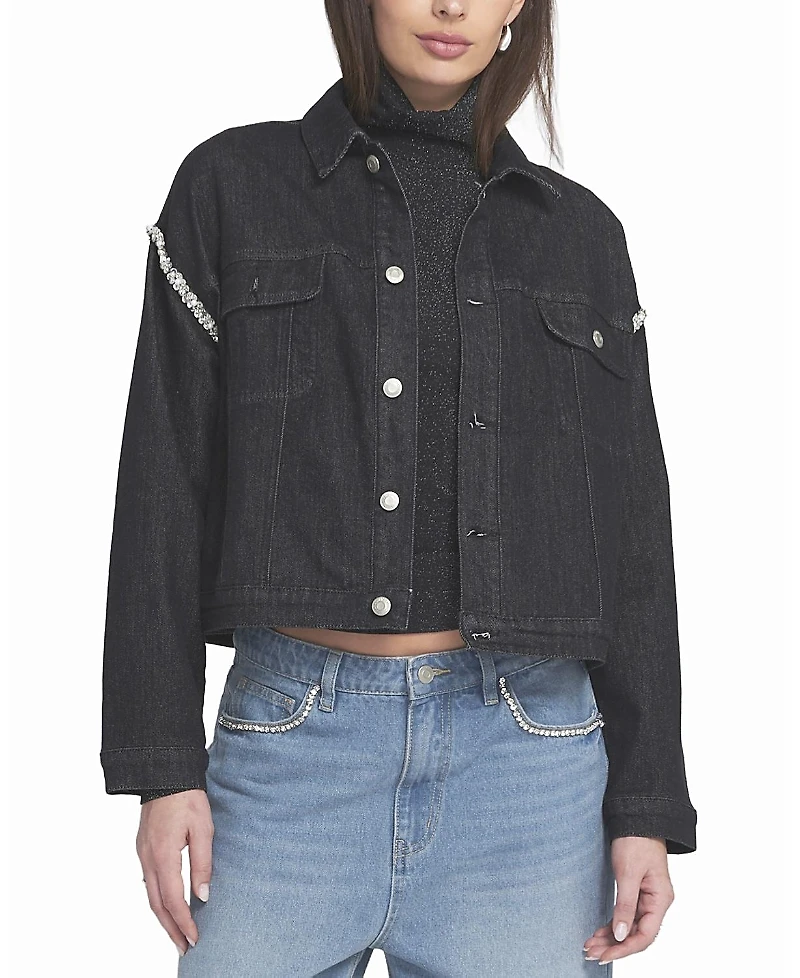 Elle Rhinestone Trim Denim Jacket