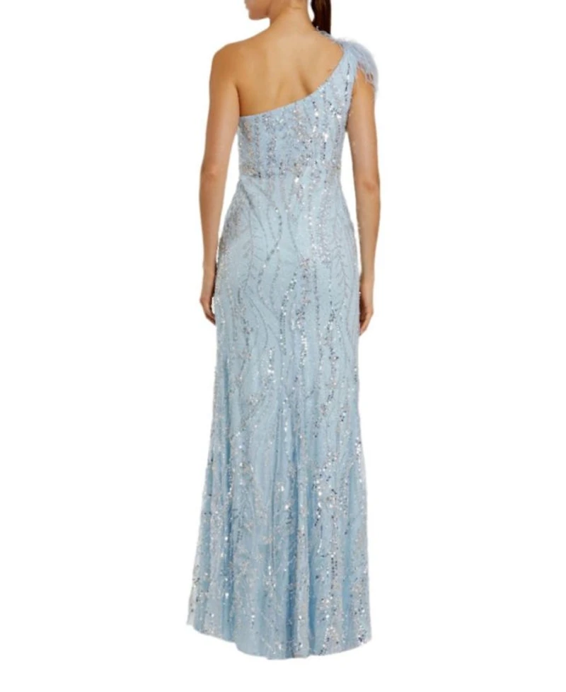 Feathered One Shoulder Embroidered Applique Gown