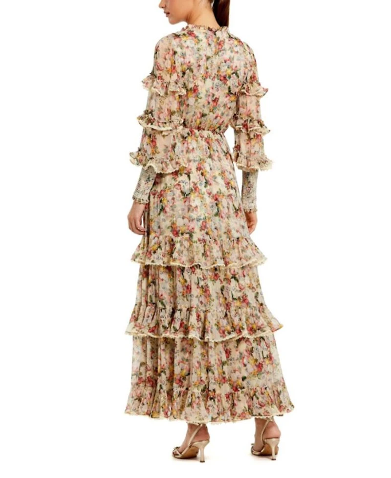 Floral Viscose Long Sleeve Ruffle Midi Dress