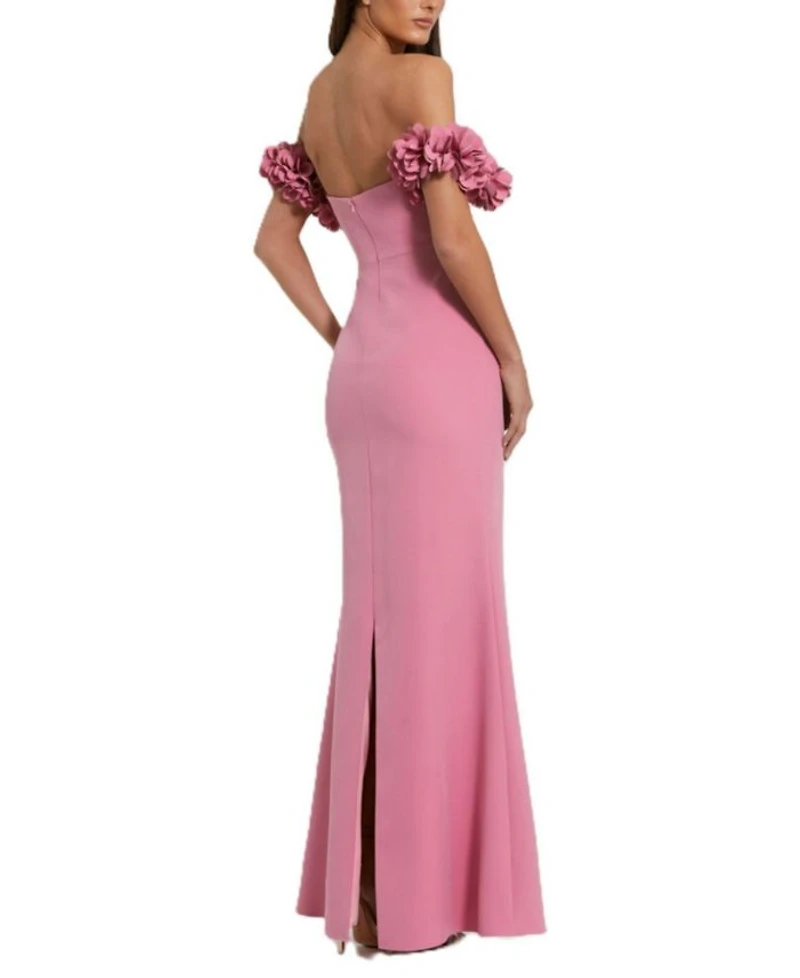 Off-the-Shoulder Crepe Gown with 3D Floral Applique