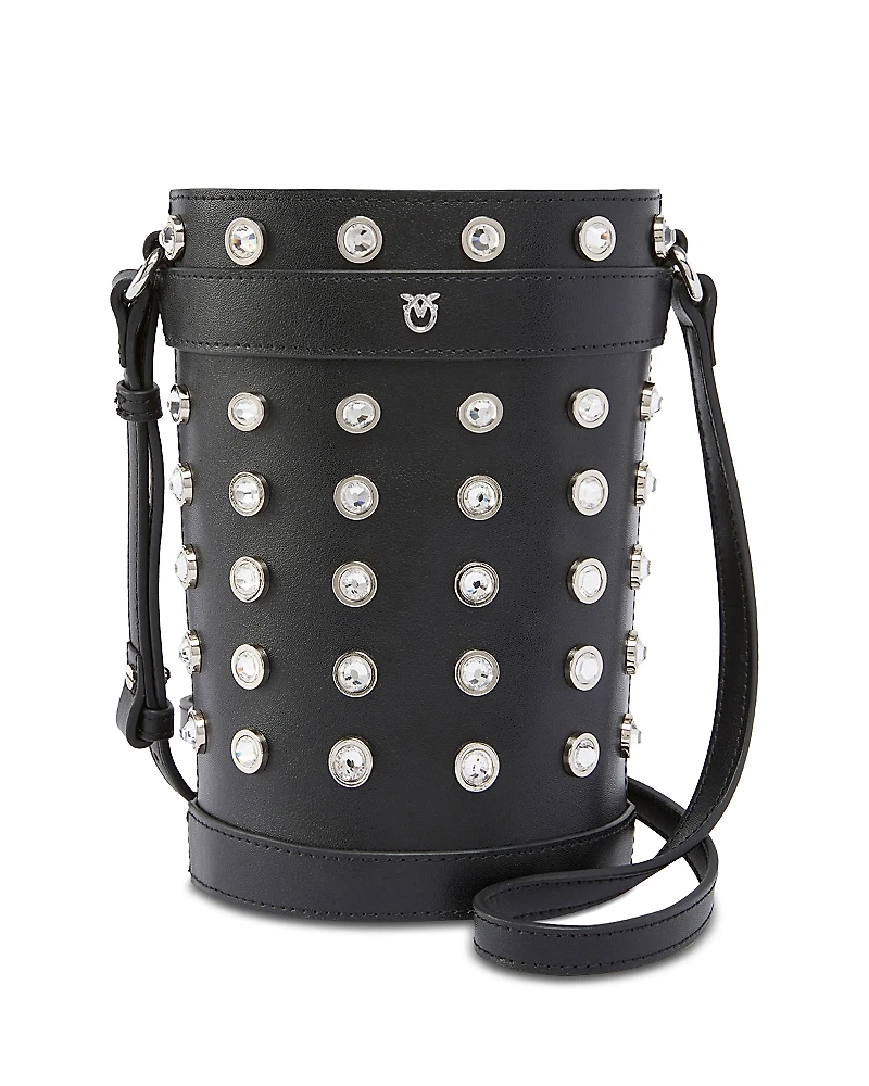 Pinko Mini Crystal Studded Leather Bucket Bag