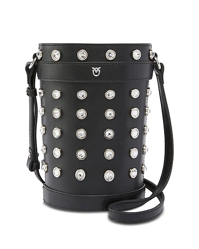 Pinko Mini Crystal Studded Leather Bucket Bag