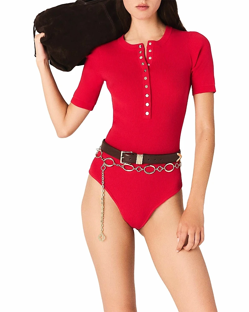 Maje Ribbed Knit Sleeve Bodysuit