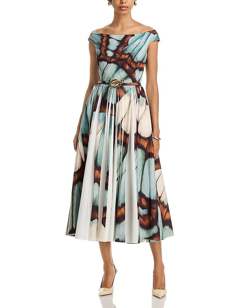 Oscar de La Renta Scoop Neck Butterfly Poplin Pleated Dress
