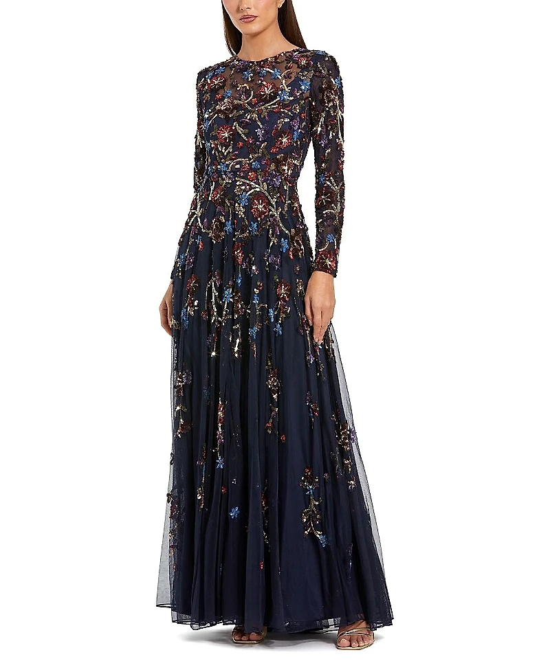 Mac Duggal Beaded Mesh Long Sleeve High Neck A Line Gown