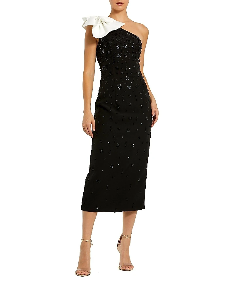 Mac Duggal Beaded Crepe One Shoulder Midi Dress with Bow