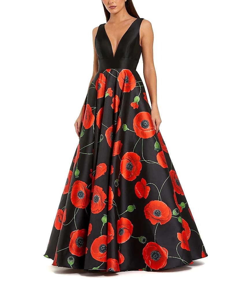 Mac Duggal Plunge Neck Ballgown with Floral Mikado Skirt