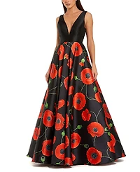 Mac Duggal Plunge Neck Ballgown with Floral Mikado Skirt