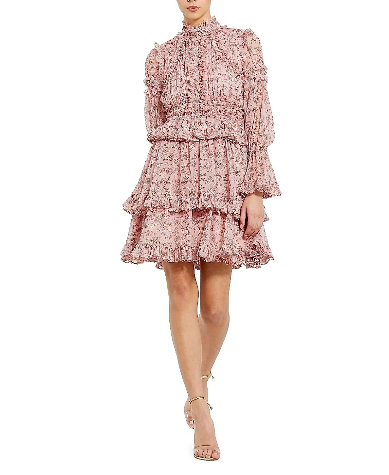 Mac Duggal Long Sleeve Open Front High Neck Ruffle Mini Dress