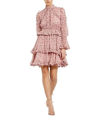 Mac Duggal Long Sleeve Open Front High Neck Ruffle Mini Dress