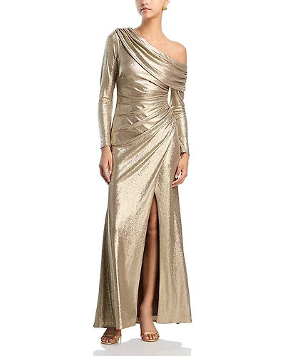 Aqua Draped Foiled Gown - Exclusive