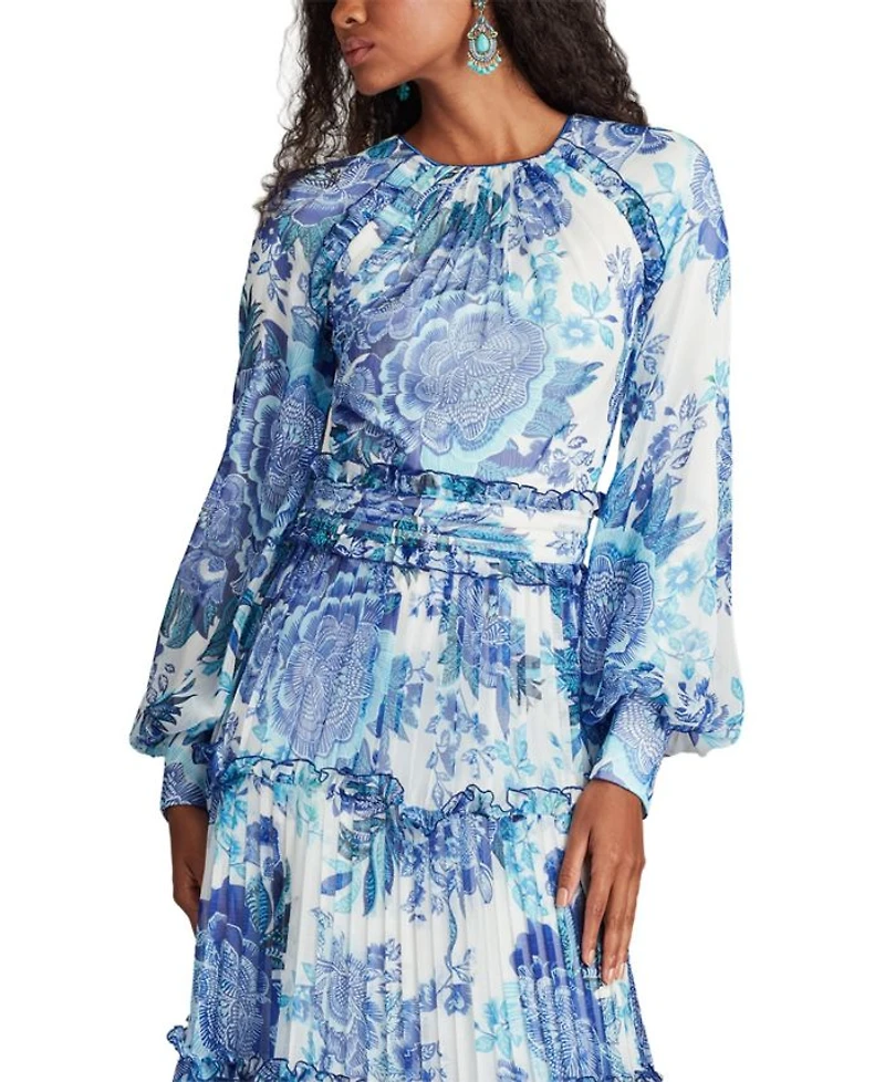 Atlas Pleated Floral Print Gown